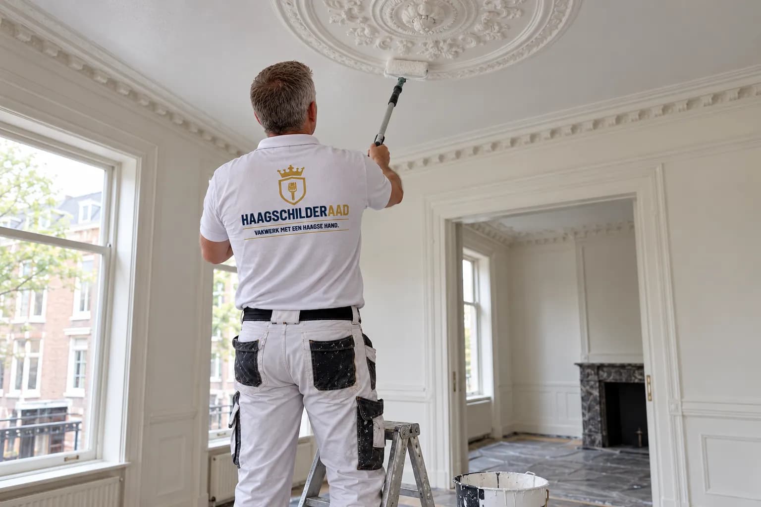 Schilder van Haagse Schilder Aad rolt vanaf een trapje een plafond met stucrozet in een lege herenhuiskamer