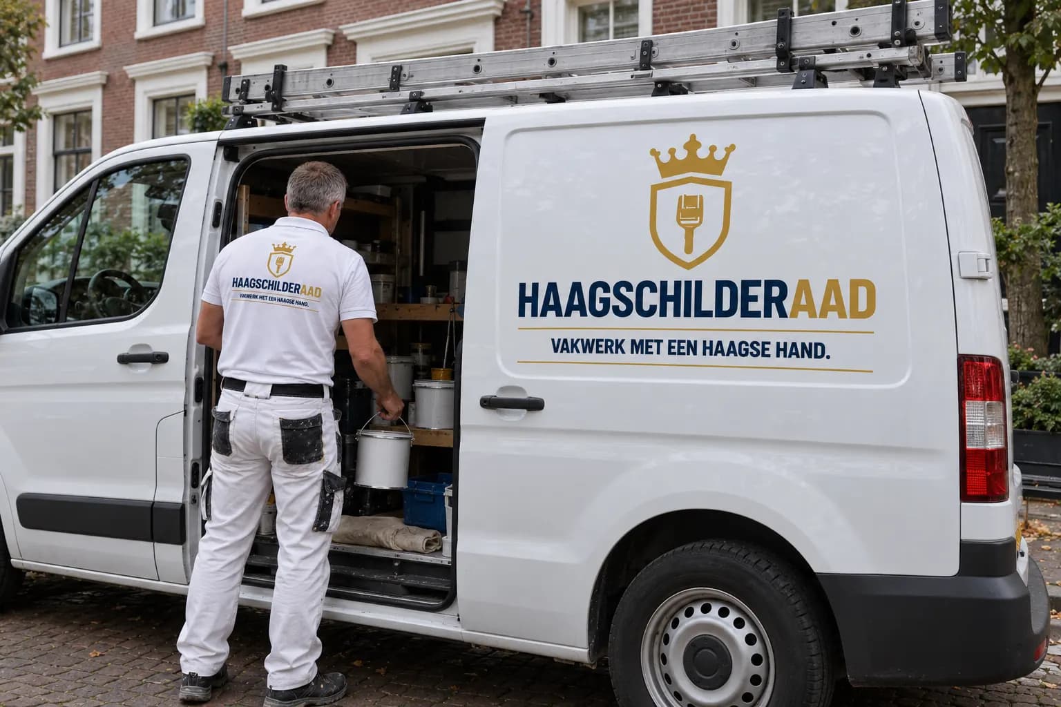 Bedrijfsbus van Haagse Schilder Aad in een Haagse straat