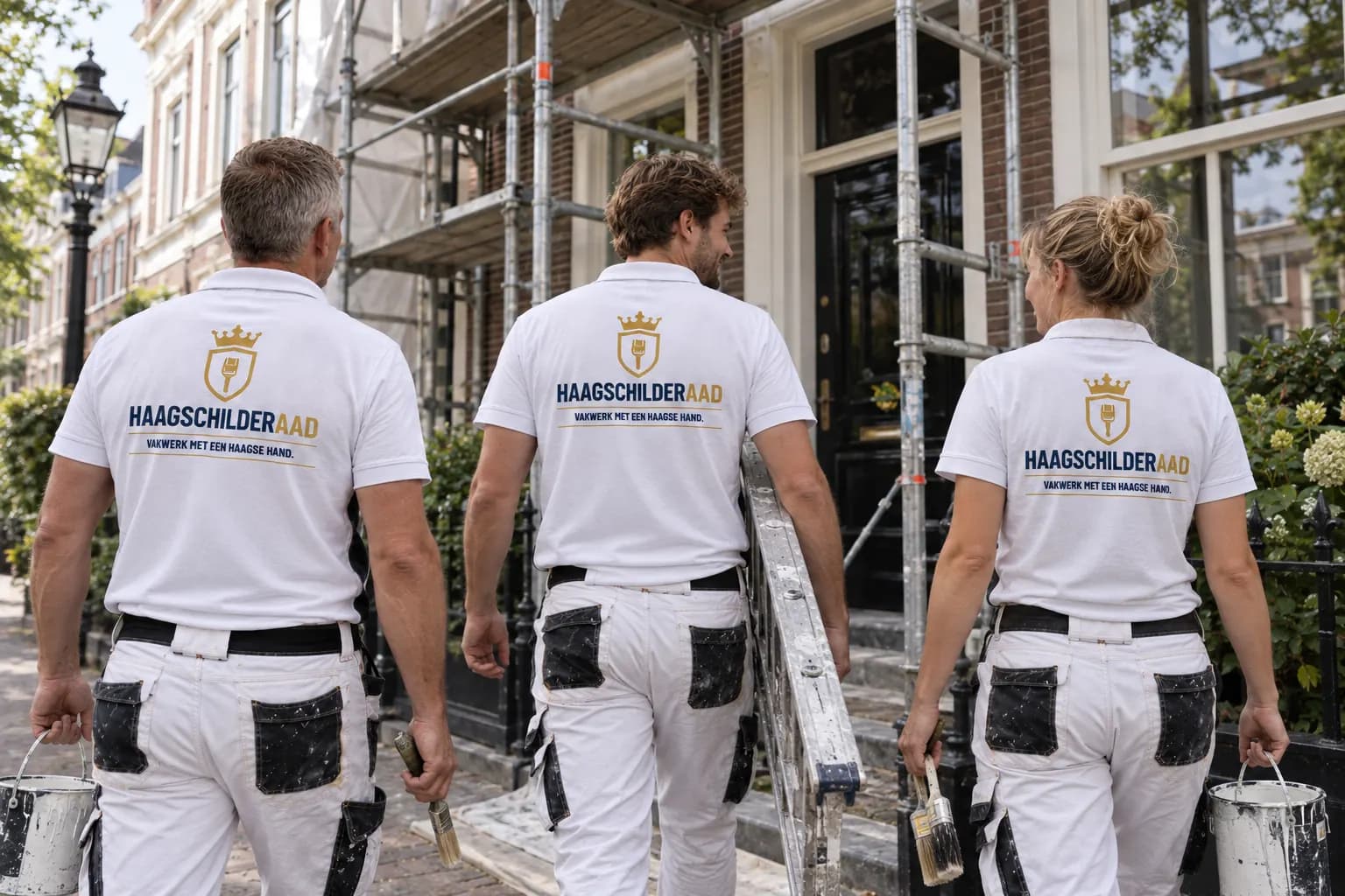 Drie schilders in werkkleding met het logo van Haagse Schilder Aad lopen naar een herenhuis in Den Haag